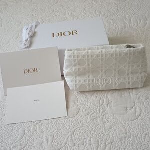 Dior White Quilted Cannage Pattern Pouch Logo Silver Tone Zipper Message Card